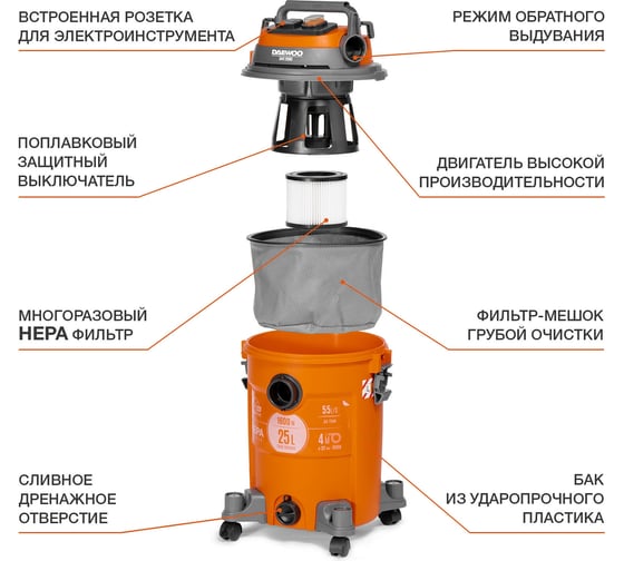 Строительный пылесос  с шлангом DAEWOO 4 м DAVC 2516S