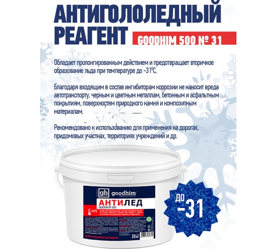 Сухой антигололедный реагент Goodhim 500 № 31 ведро, 20 кг 60811