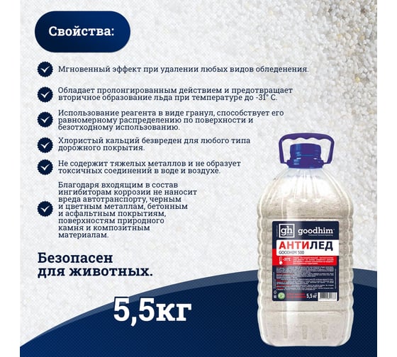 Сухой противогололедный реагент Goodhim в канистре, 5кг 44688