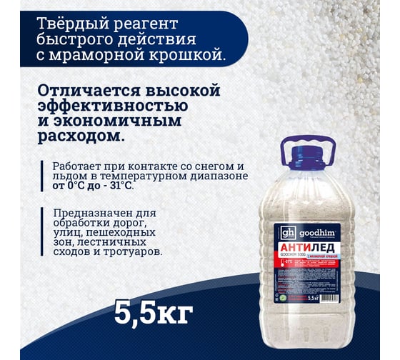 Противогололедный реагент Goodhim до -31℃ с мраморной крошкой 500 G - 5,5кг Гранулы 39728