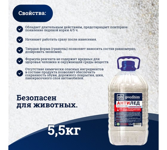 Противогололедный реагент Goodhim до -31℃ с мраморной крошкой 500 G - 5,5кг Гранулы 39728