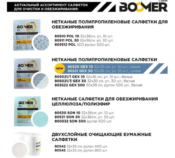 Салфетки нетканые для обезжиривания BOOMER W-POL 30, полипропиленовые, 70 г/м2, 32х36 см, синий 80511