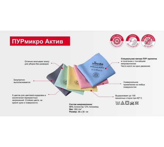 Салфетка Vileda Professional ПУРмикро Актив 38x35 см, желтый арт 174072 26202