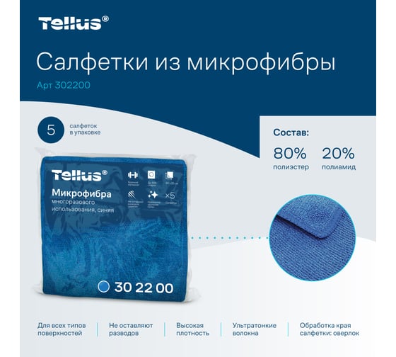 Микрофибра многоразового использования Tellus арт 302200, синий, 5 шт в упак 26218
