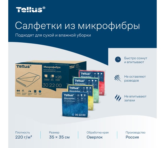 Микрофибра многоразового использования Tellus арт 302200, синий, 5 шт в упак 26218
