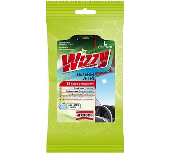 Салфетки для чистки стекол больших размеров AREXONS WIZZY DETERGI VETRI 6 LINGUE 15 шт. 1932M