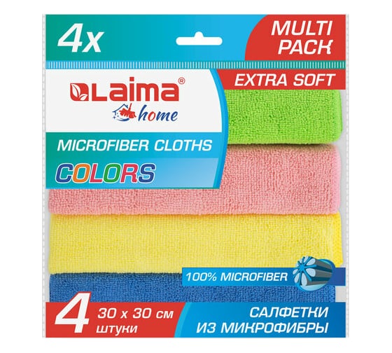 Салфетка из плотной микрофибры LAIMA MULTI PACK PRO COLOUR 30, 30x30 см, комплект 4 шт. 607792 1