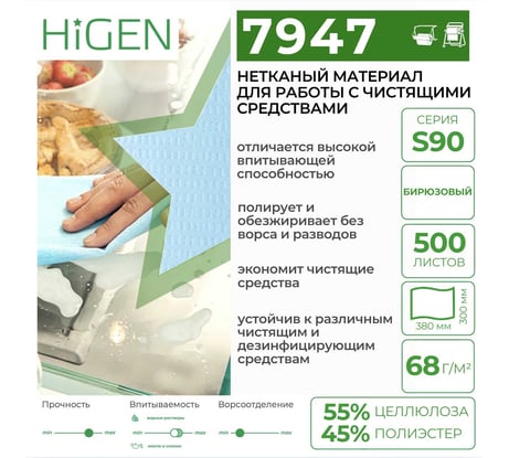 Универсальные безворсовые нетканые салфетки Higen S90 арт. 7947