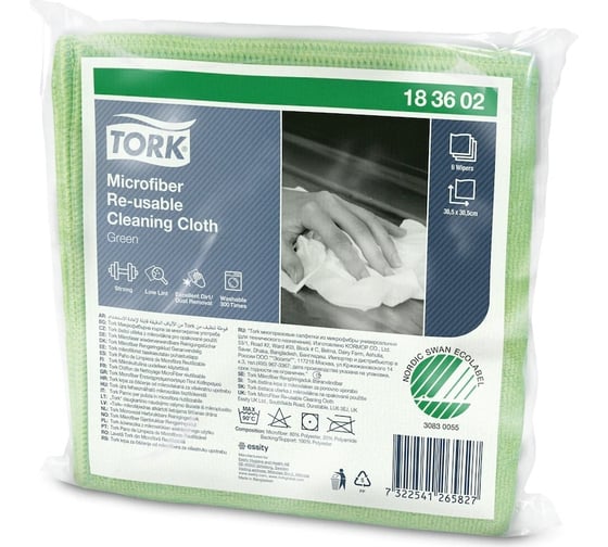 Многоразовые салфетки из микрофибры TORK 1 пачка 6 штук, 30x30 см, зелёные, 240 г/м2 183602 607932