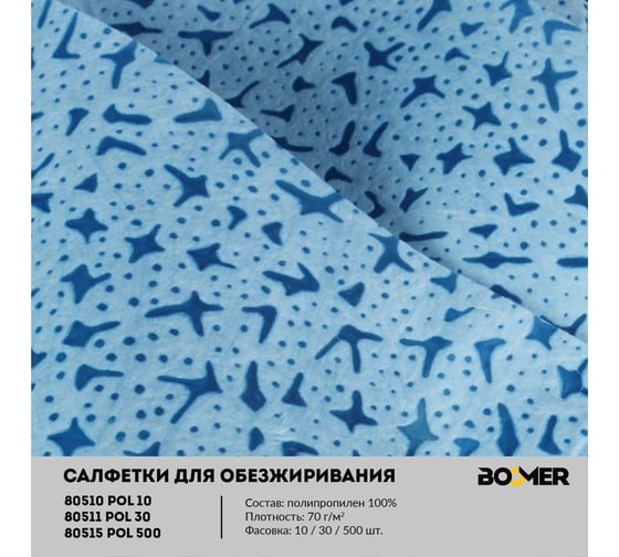 Нетканые полипропиленовые салфетки для обезжиривания BOOMER w-pol 500, 70 г/м², 30x38 см., синий 803512