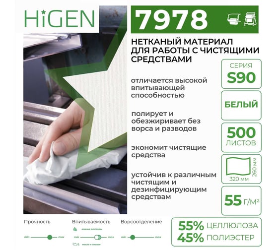 Универсальные безворсовые салфетки в рулоне Higen S90 белые, 72 gsm, 26x32 см, 55/45, 500 лст./рул. 7978
