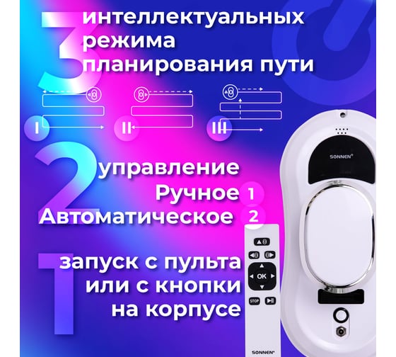 Робот-мойщик окон SONNEN tech rwc-121 ultraclear, датчик от падения, 26 салфеток, пульт ду 456183