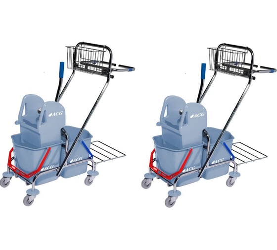 Тележка ACG 2х17л, с держателем мешка, поддоном, ведра серые, с отжимом, корзиной, база хром, 2 шт 1029826 1