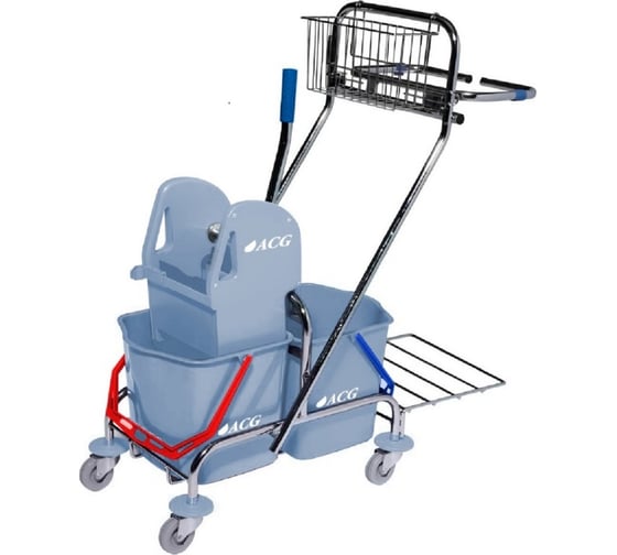 Тележка ACG 2х17л, с держателем мешка, поддоном, ведра серые, с отжимом, корзиной, база хром 1030279 1