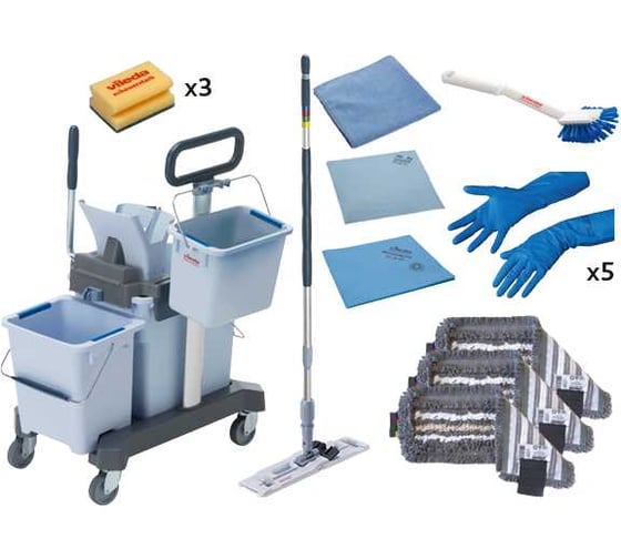 Набор Vileda Professional №1 Все включено с УльтраСпид Про: 2 ведра 25 л + 10 л, отжим, рычаг, платформа на колесах, транспортировочная ручка, ведро 6 л, держатель мопов, ручка телескопическая 100-180 см, 3 мопа Трио, салфетка ПВАмикро, р-МикронКви 166376 1