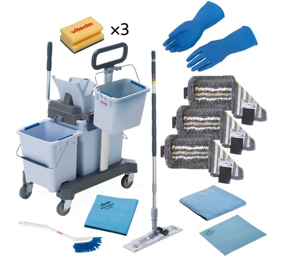 Набор Vileda Professional №1 Все включено с УльтраСпид Про: 2 ведра 25 л + 10 л, отжим, рычаг, платформа на колесах, транспортировочная ручка, ведро 6 л, держатель мопов, ручка телескопическая 100-180 см, 3 мопа Трио, салфетка ПВАмикро, р-МикронКви 166376 1