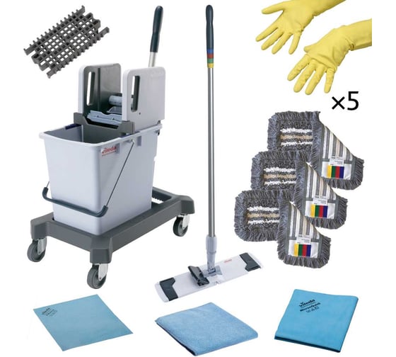 Набор Vileda Professional №5 Выгодный старт с КомбиСпид Про: ведро 25 л, вертикальный отжим со вставкой, рычаг, платформа на колесах, держатель мопов 40 см, ручка алюминиевая 150 см, 3 мопа Трио 40 см, салфетка ПВАмикро, р-МикронКвик, р-МикроТафф Б 166379 1