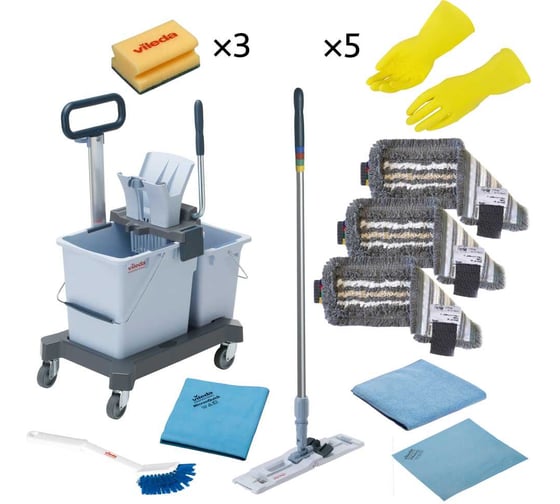 Набор Vileda Professional №2 Выгодный старт с УльтраСпид Про: 2 ведра 25 л + 10 л, отжим, рычаг, платформа на колесах, транспортировочная ручка, держатель мопов, ручка алюминиевая 150 см, 3 мопа Трио, салфетка ПВАмикро, р-МикронКвик, р-МикроТафф Бэ 166377 1