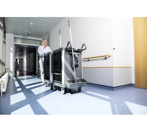 Тележка KARCHER FM ExpertPro 50/ P комплект: колесная база, 2 ведра 15 л, вертикальный отжим, 4 ведра 6 л, 1 полка, 1 ящик 16 л, 2 фиксатора 1.321-008.0