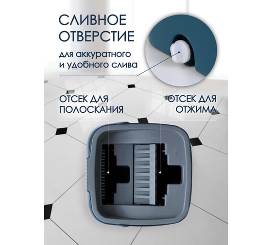 Швабра c разборной ручкой в комплекте с ведром для отжима и сменной тряпкой WMC TOOLS l-1300 мм, 330x120 мм, синий, объем 13 л WMC-13(blue)(51795)