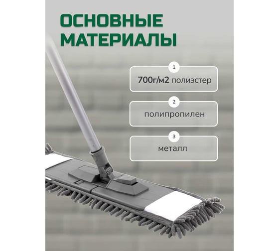 Швабра для влажной уборки In'Loran плоская лапша, шенилл, 42,5x13 см, ручка 110 см BS-030GR