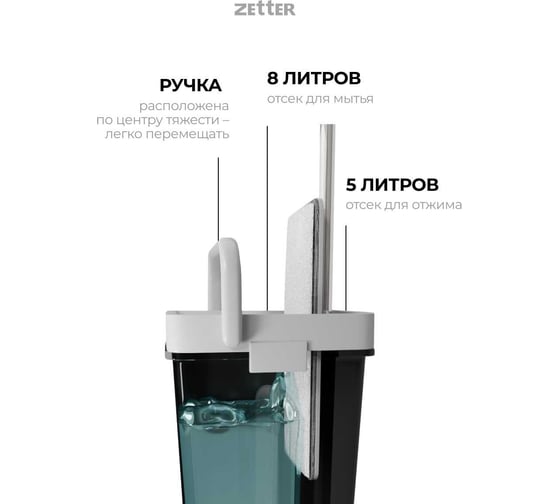 Швабра с отжимом и ведром Zetter L 13 л + 1 насадка zet_premxl_b
