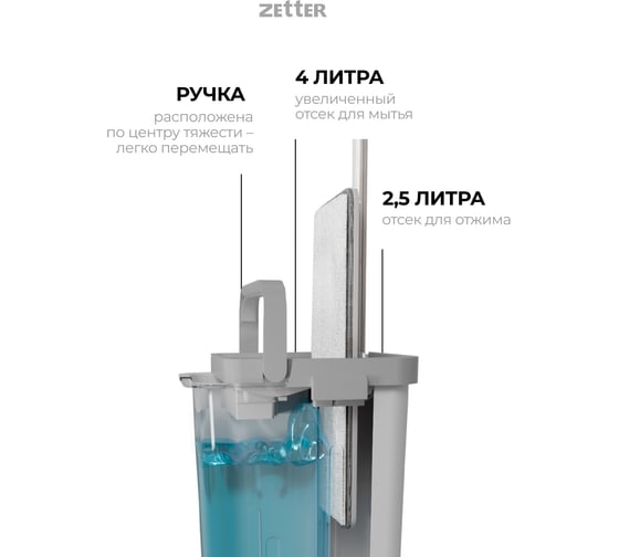 Швабра с отжимом и ведром Zetter S 6.5 л + 1 насадка zet_prems_w