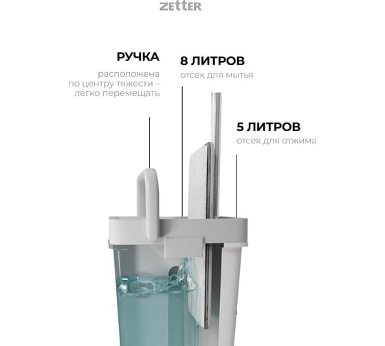 Швабра с отжимом и ведром Zetter L 13 л + 1 насадка zet_premxl_w