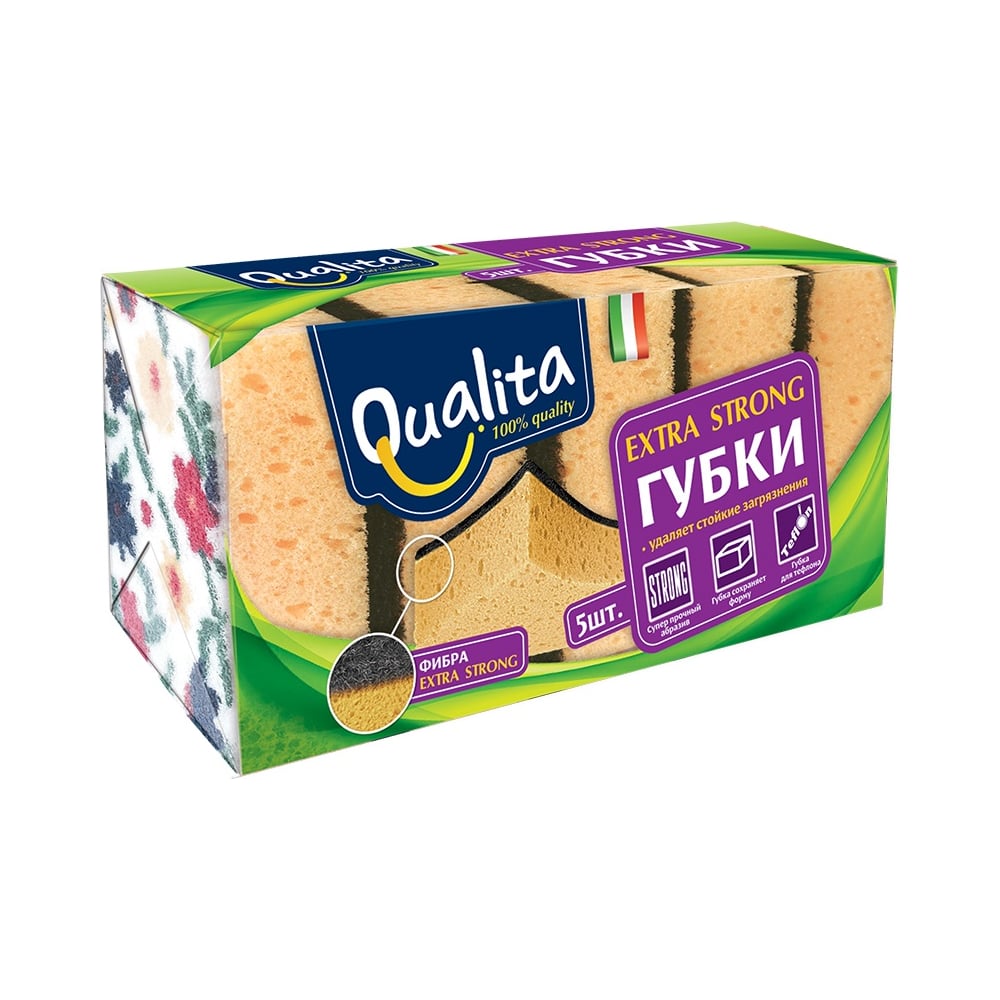 Губка кухонная "Qualita" (5 шт) Extra Strong / размер 105*65*46 мм / крупнопористая (40 шт/ящ)