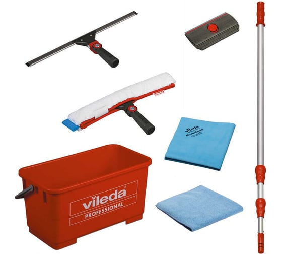 Набор Vileda Professional №7 Чистые окна с Эволюшн: щетка-шубка 35 см, склиз 35 см, скребок с лезвием, ведро для мытья окон 25 л, ручка телескопическая 2x125 см, салфетка р-МикронКвик и р-МикроТафф Бэйс 166390