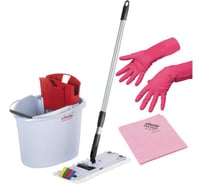 Набор Vileda Professional Санузлы с УльтраСпид Мини: ведро 10 л с красным туннельным отжимом, ручка телескопическая, держатель мопов 34 см, моп МикроЛайт УльтраСпид Мини, 1 пара красных перчаток Многоцелевые размер М, 1 красная салфетка ПВАмикро. С 143567