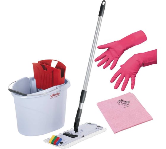 Набор Vileda Professional Санузлы с УльтраСпид Мини: ведро 10 л с красным туннельным отжимом, ручка телескопическая, держатель мопов 34 см, моп МикроЛайт УльтраСпид Мини, 1 пара красных перчаток Многоцелевые размер М, 1 красная салфетка ПВАмикро. С 143567 1