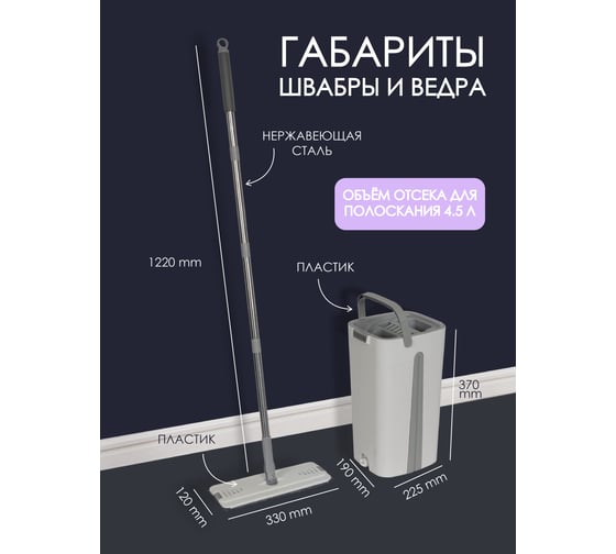 Швабра c разборной ручкой, с ведром для отжима и сменной тряпкой WMC TOOLS L-1280 мм, 330x120мм, белый, объем 10 л WMC-13/white/(51796)