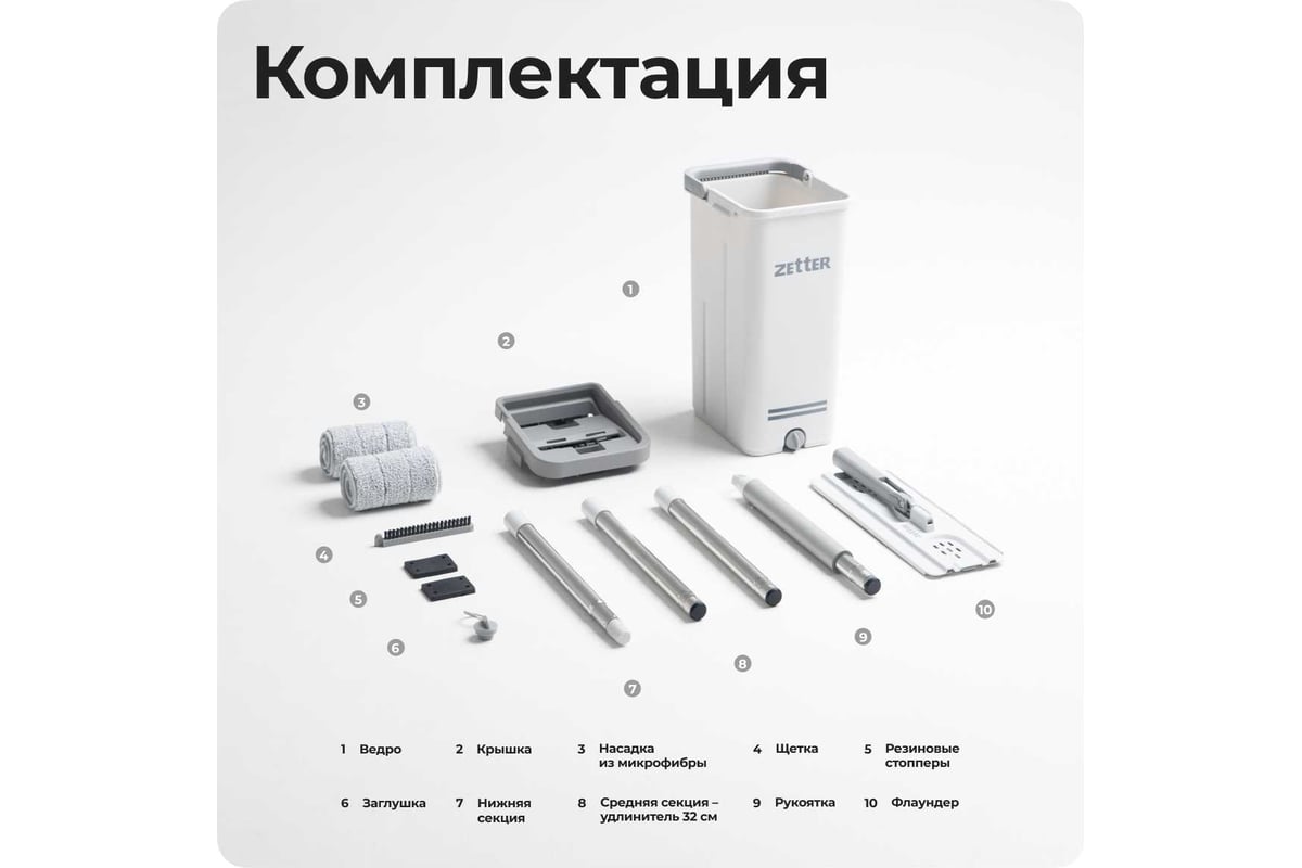 Швабра с отжимом и ведром premium м (10 л) ZETTER белое, 2 насадки ...