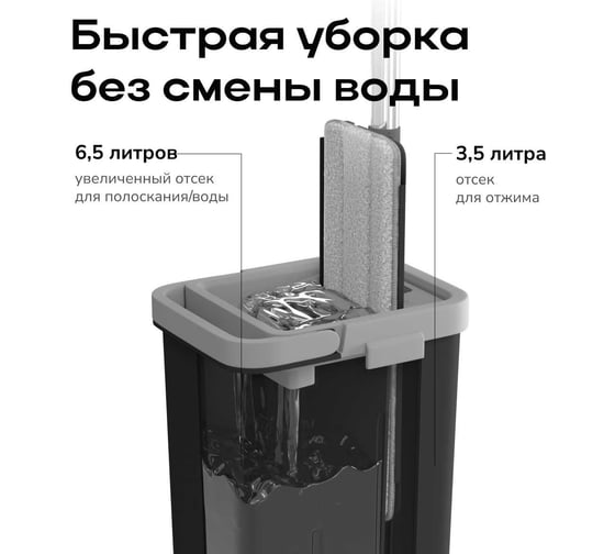 Швабра с отжимом и ведром Zetter premium м (10 л) черное, 2 насадки HOME202105-3-black