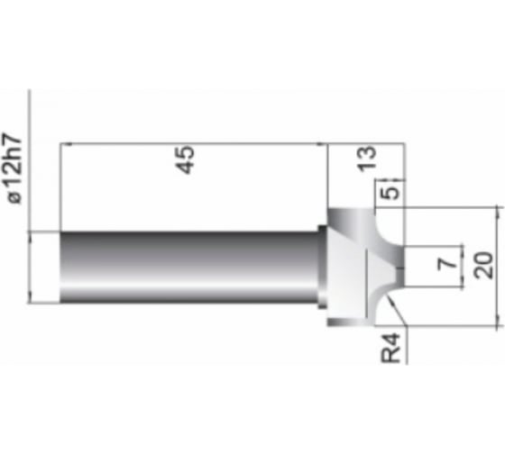Фреза радиусная (полуштап) R=4 мм, Z=2, 20x10x45 мм, s=12 мм Deltatools 06-5088