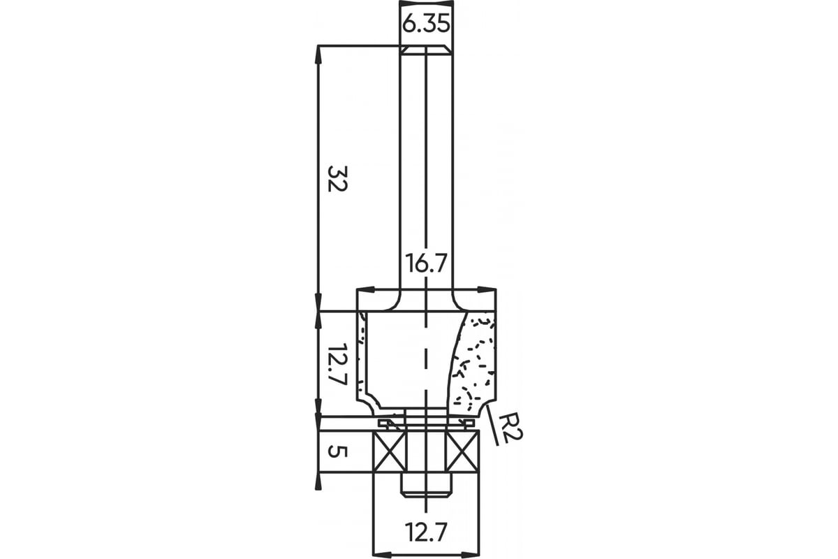 Фреза внутренний радиус (нижн. подш.) Z=2, R=2 мм, 16.7x12.7 мм, s=6.35 мм  Deltatools 06-5388
