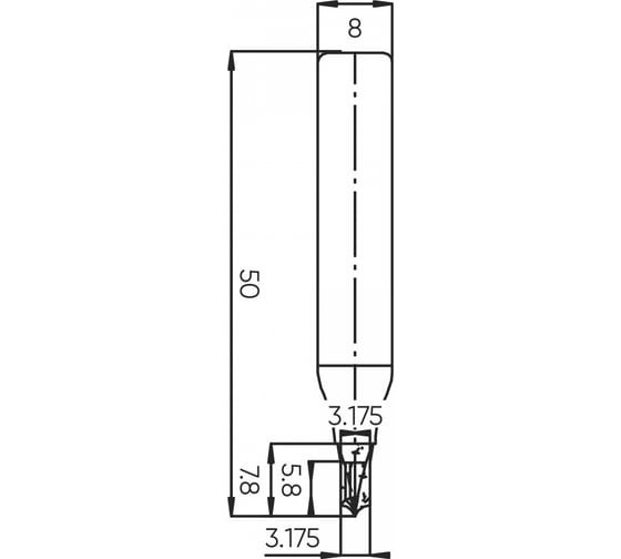Фреза скругление R=1.59 мм, 3.175x5.8x50 мм, s=8 мм Deltatools 06-5306