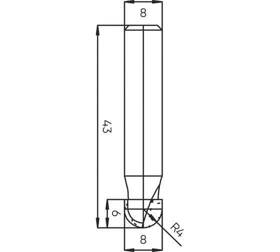 Фреза пазовая полукруг (чаша) Z=2, R=4 мм, 8x6х43 мм, s=8 мм Deltatools 06-5300 1