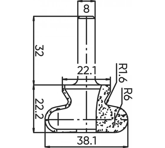 Фреза профильная (ручка) Z=2, R=1.6 мм, R1=6 мм, 38.1x22.2x54.2 мм, s=8 мм Deltatools 06-5390 1