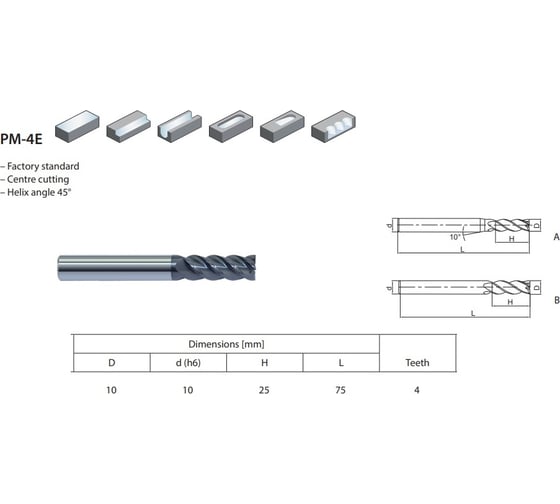 Фреза монолитная 10х10х25х75 мм, Z4 ZCC-CT PM-4E-D10.0