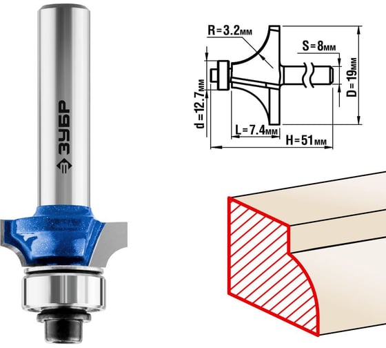 Кромочная калевочная фреза ЗУБР Профессионал №1, 19x7.4 мм, радиус 3.2 мм 28701-19 16131255