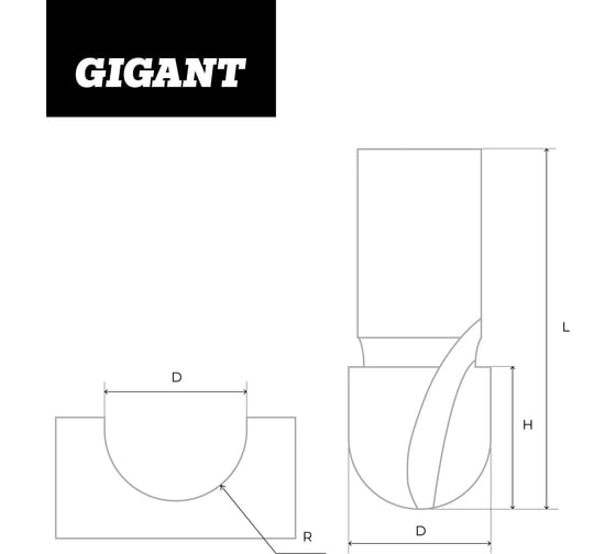 Фреза пазовая галтельная D12.7 мм, H25 мм R6.35 мм, хвостовик 8 мм Gigant GC-0038