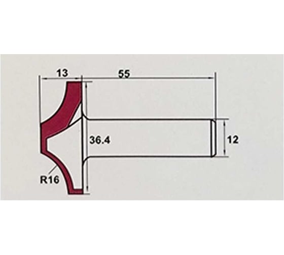 Фреза по древесине, фанере для фасадов, R=16 мм, D=36x13x55 мм, S=12 мм PROCUT 416212P