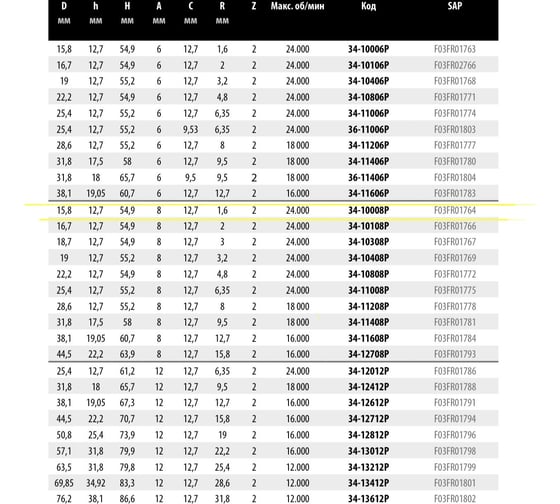 Фреза D15.8 мм, h12.7 мм, H54.9 мм, A8 мм, C12.7 мм, R1.6 мм, Z2, HM Freud 34-10008