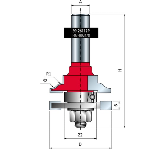 Фреза D42.9 мм, h19 мм, H77 мм, A12 мм, R1 4.5 мм, R2 5.5 мм, Z2, HM Freud 99-26112 1