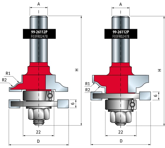 Фреза D42.9 мм, h19 мм, H77 мм, A12 мм, R1 4.5 мм, R2 5.5 мм, Z2, HM Freud 99-26112