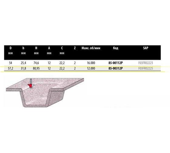 Фреза D57.2 мм, h31.8 мм, H80.95 мм, A12 мм, C22.2 мм, Z2, HM Freud 85-00312