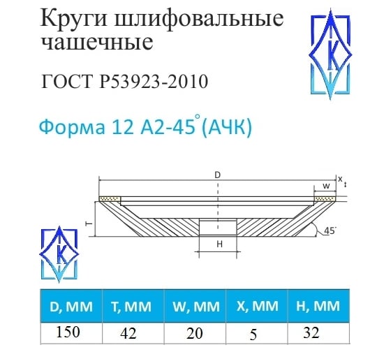 Круг алмазный шлифовальный 12А2-45 (150х20х5х32 мм; 100/80) КристАл Лтд 34715