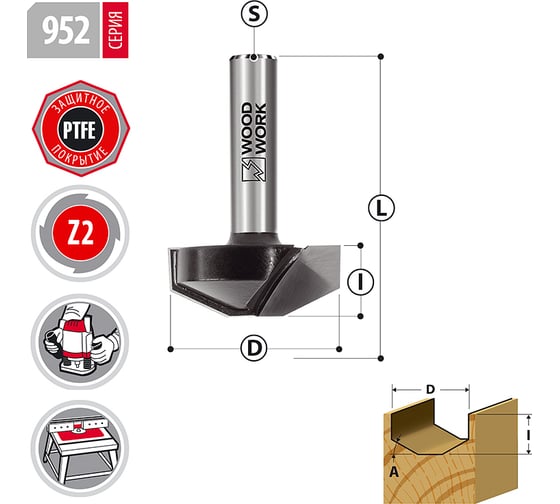 Фреза профильная врезная D=20 мм, I=7.9 мм, L=40 мм, S=8 мм, Z=2 WOODWORK 952.2008.08